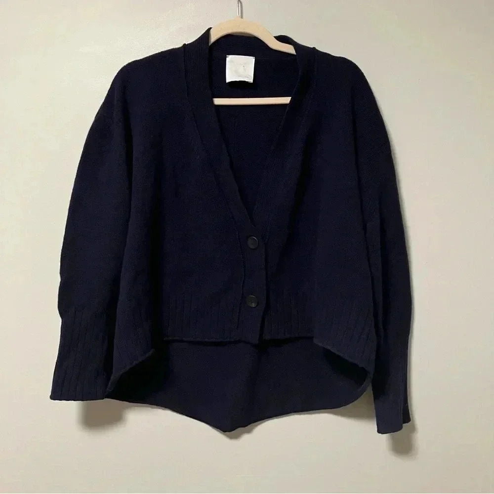 M.J. Watson 100% Cashmere Hi Low Navy Cropped Cardigan